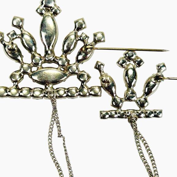 Vintage Sterling Chatelaine Brooch Pin Rhinestone Double Crowns Chains - Picture 5 of 10
